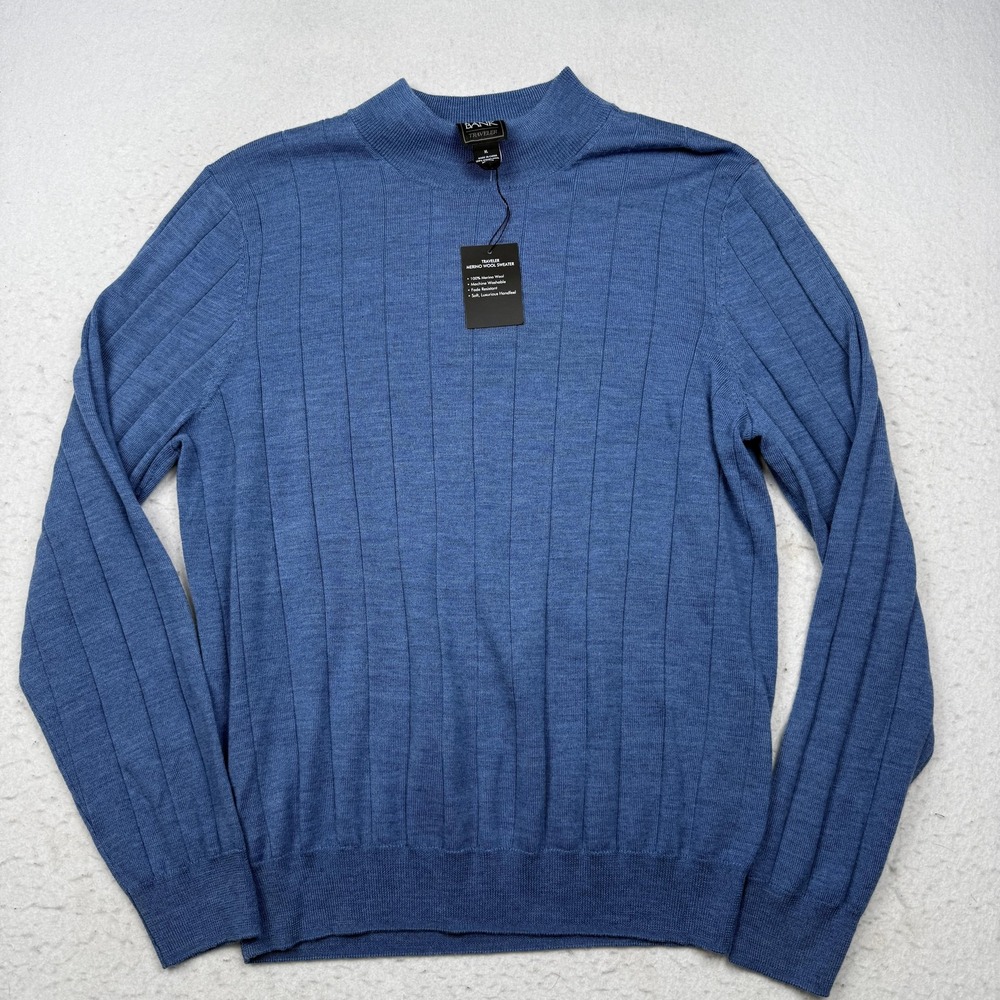Jos A Bank Traveler Sweater Mens XL Blue 100% Merino Wool Mock Neck Pullover
